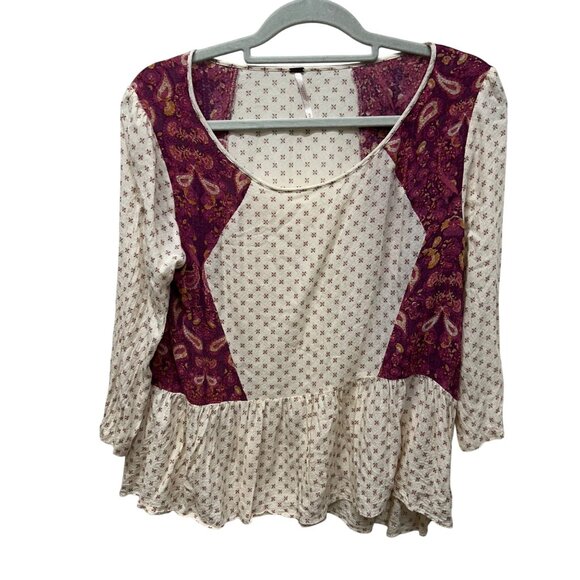 Free People Patchwork Boho Peplum Top M Cream & Purple 100% Rayon - Picture 1 of 8